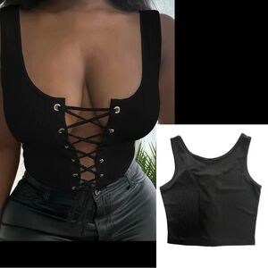 Summer Goth Twin Pack - Lace Cami Crop Top & Lace Up Crop Top Set